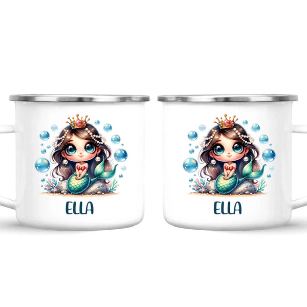Personalised with Name, Dark-Haired Mermaid Princess Kids Mug – Custom Under-the-Sea Cup for Children – Available in 11oz, 6oz & Enamel