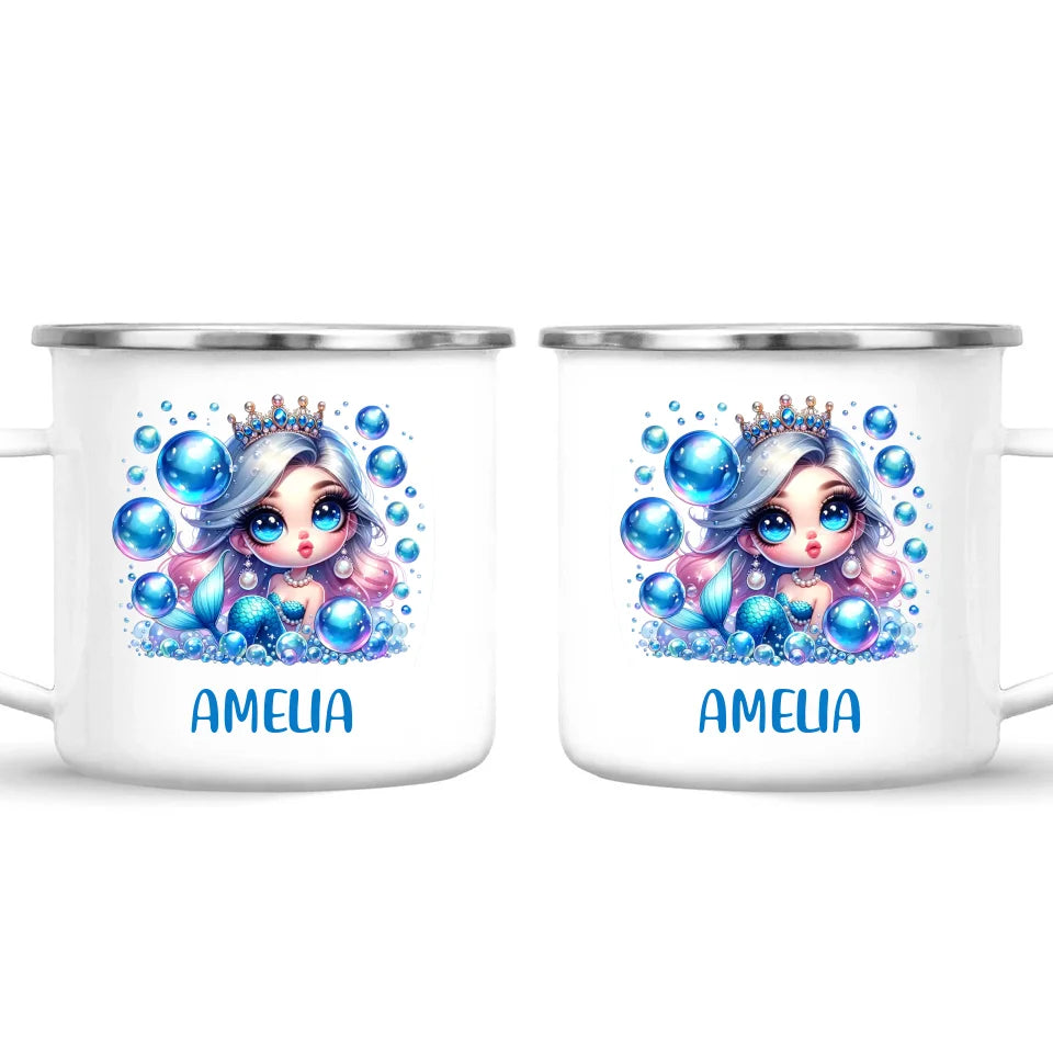 Personalised with Name, Blue Mermaid Princess Kids Mug – Custom Under the Sea Cup for Children – Available in 11oz, 6oz & Enamel