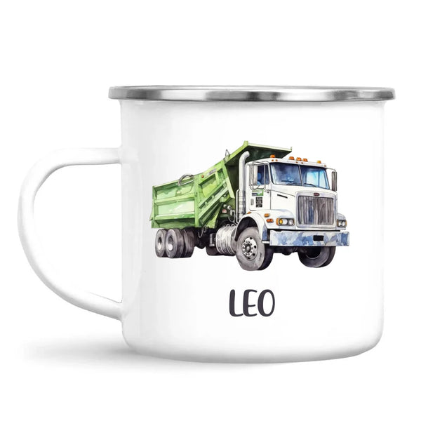 Personalised with Name, Green Dump Truck Kids Mug – Custom Construction Vehicle Cup for Children – Available in 11oz, 6oz & Enamel