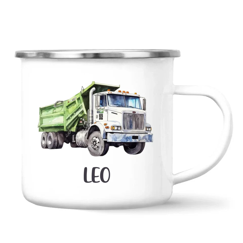 Personalised with Name, Green Dump Truck Kids Mug – Custom Construction Vehicle Cup for Children – Available in 11oz, 6oz & Enamel