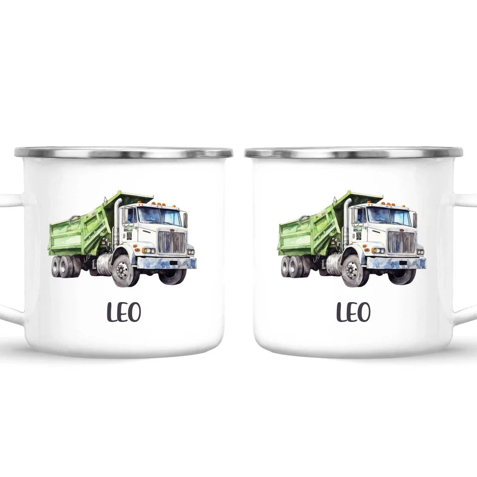 Personalised with Name, Green Dump Truck Kids Mug – Custom Construction Vehicle Cup for Children – Available in 11oz, 6oz & Enamel