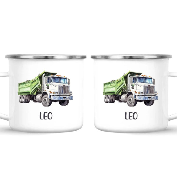 Personalised with Name, Green Dump Truck Kids Mug – Custom Construction Vehicle Cup for Children – Available in 11oz, 6oz & Enamel