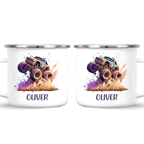 Personalised with Name, Monster Truck Adventure Kids Mug – Custom Off-Road Racing Cup for Children – Available in 11oz, 6oz & Enamel Options