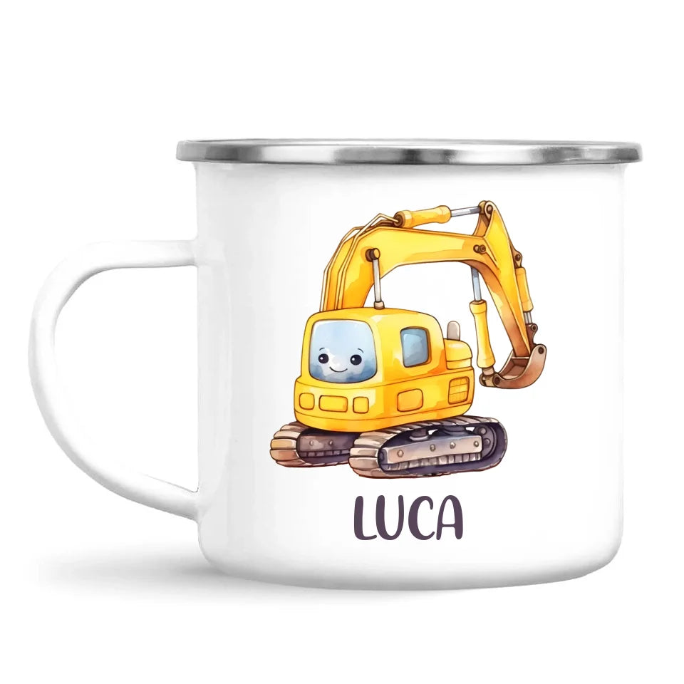 Personalised with Name, Cute Digger Kids Mug – Custom Construction Vehicle Cup for Children – Available in 11oz, 6oz & Enamel Options