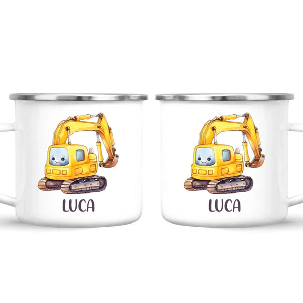 Personalised with Name, Cute Digger Kids Mug – Custom Construction Vehicle Cup for Children – Available in 11oz, 6oz & Enamel Options