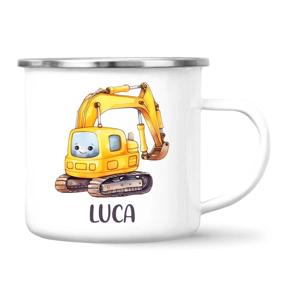Personalised with Name, Cute Digger Kids Mug – Custom Construction Vehicle Cup for Children – Available in 11oz, 6oz & Enamel Options