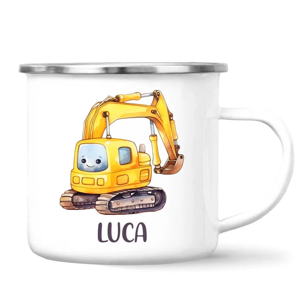 Personalised with Name, Cute Digger Kids Mug – Custom Construction Vehicle Cup for Children – Available in 11oz, 6oz & Enamel Options