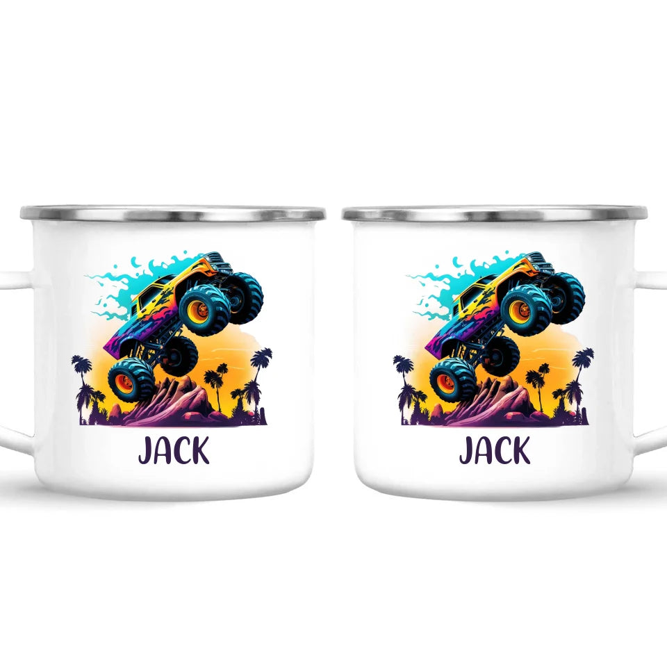 Personalised with Name, Sunset Monster Truck Kids Mug – Custom Off-Road Adventure Cup for Children – Available in 11oz, 6oz & Enamel Options