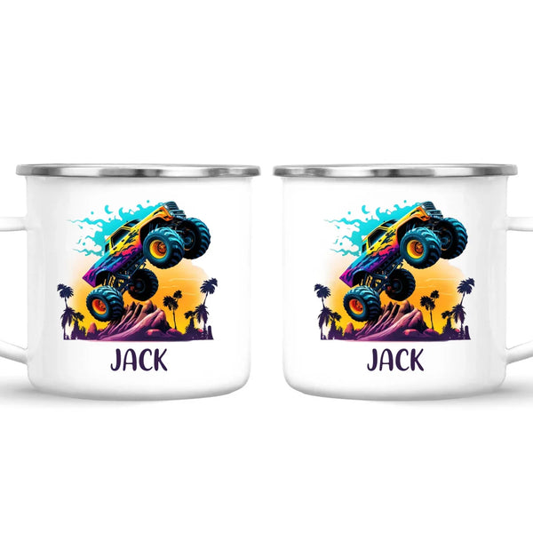 Personalised with Name, Sunset Monster Truck Kids Mug – Custom Off-Road Adventure Cup for Children – Available in 11oz, 6oz & Enamel Options