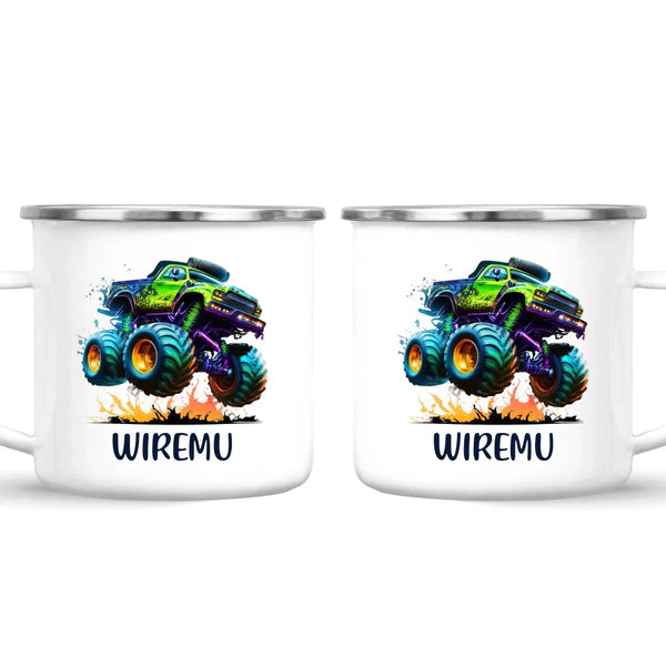 Personalised with Name, Green Monster Truck Kids Mug – Custom Off-Road 4x4 Cup for Children – Available in 11oz, 6oz & Enamel Options
