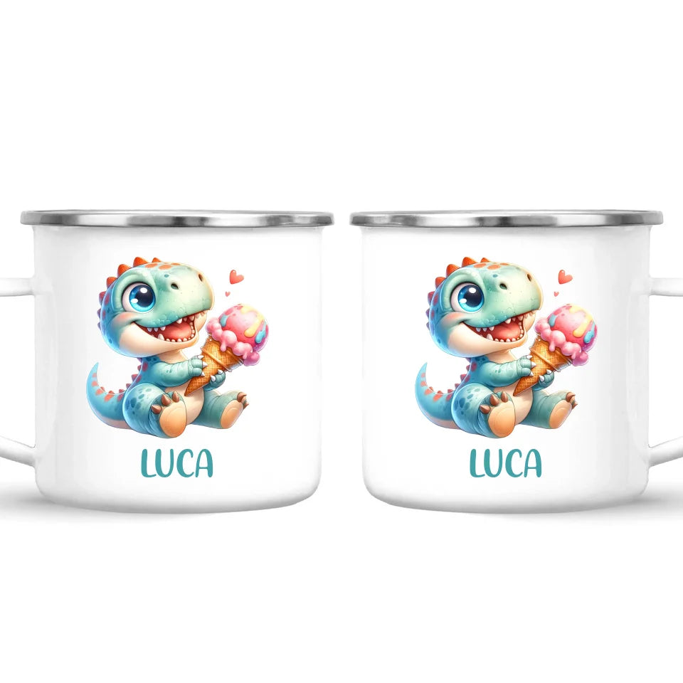Personalised with Name, Dinosaur Ice Cream Kids Mug – Customised Cute Dino Cup for Children – Available in 11oz, 6oz & Enamel Options