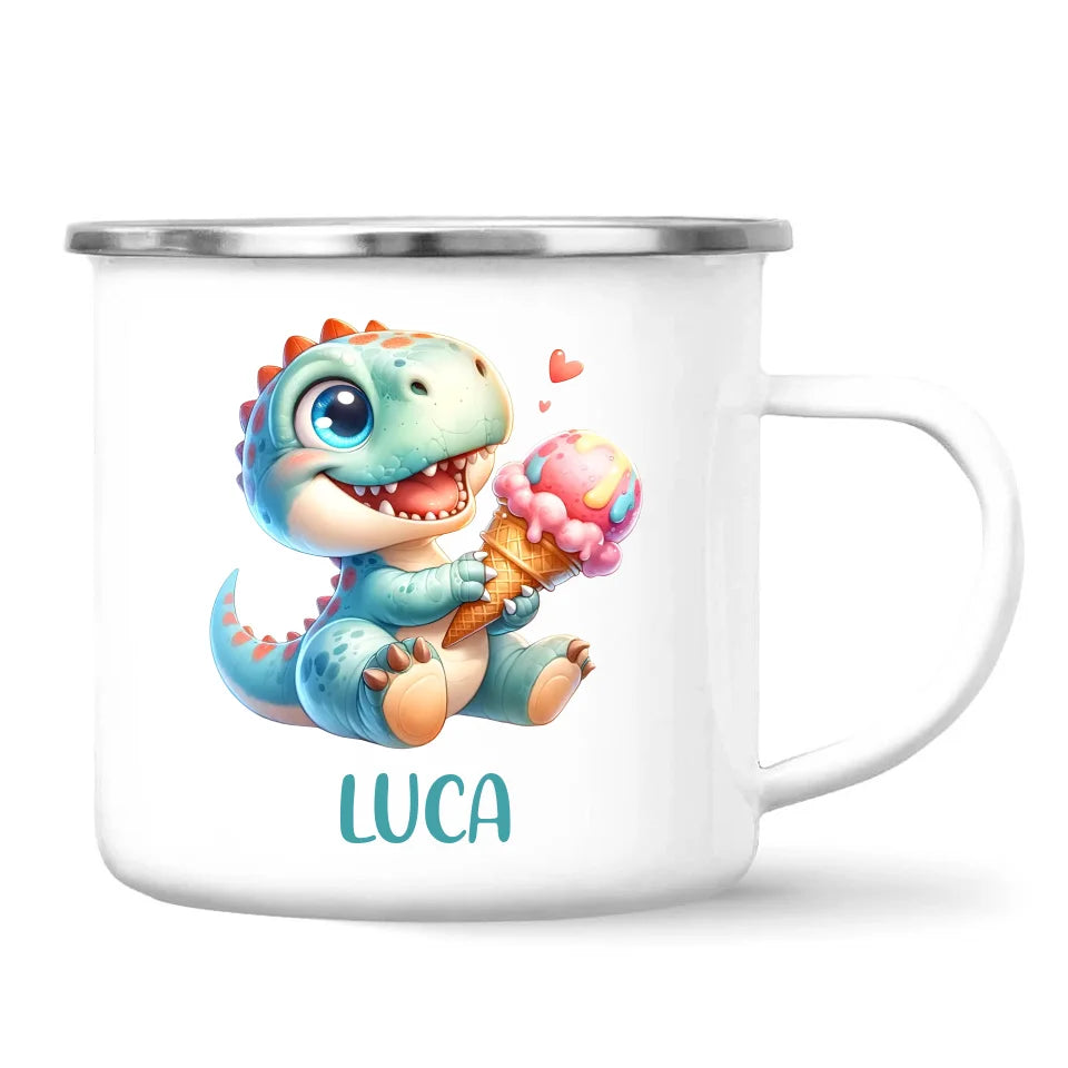 Personalised with Name, Dinosaur Ice Cream Kids Mug – Customised Cute Dino Cup for Children – Available in 11oz, 6oz & Enamel Options