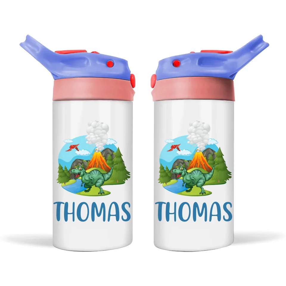 Personalised with Name, Double-Walled Dinosaur Kids Bottle – Customised Prehistoric Adventure Drink Bottle for Dino Fans