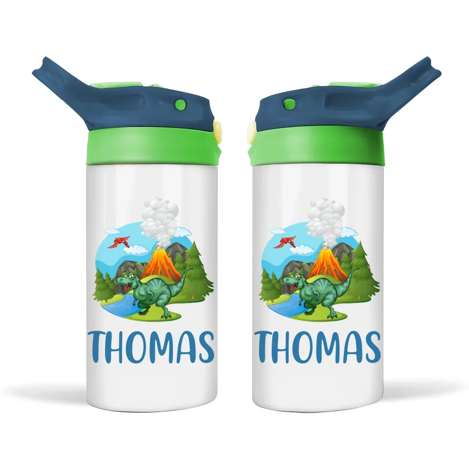Personalised with Name, Double-Walled Dinosaur Kids Bottle – Customised Prehistoric Adventure Drink Bottle for Dino Fans