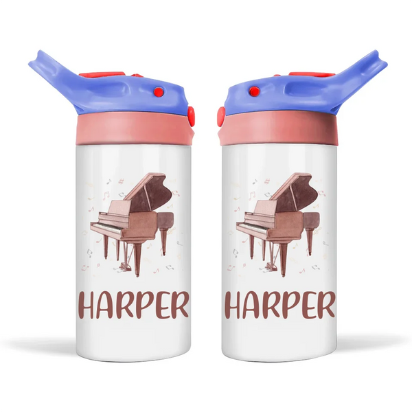 Personalised with Name, Double-Walled Piano Kids Bottle – Customised Music-Themed Drink Bottle for Young Musicians