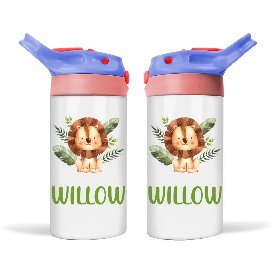 Personalised with Name, Double-Walled Lion Kids Bottle – Customised Jungle-Themed Drink Bottle for Kids