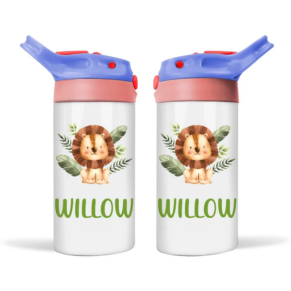 Personalised with Name, Double-Walled Lion Kids Bottle – Customised Jungle-Themed Drink Bottle for Kids