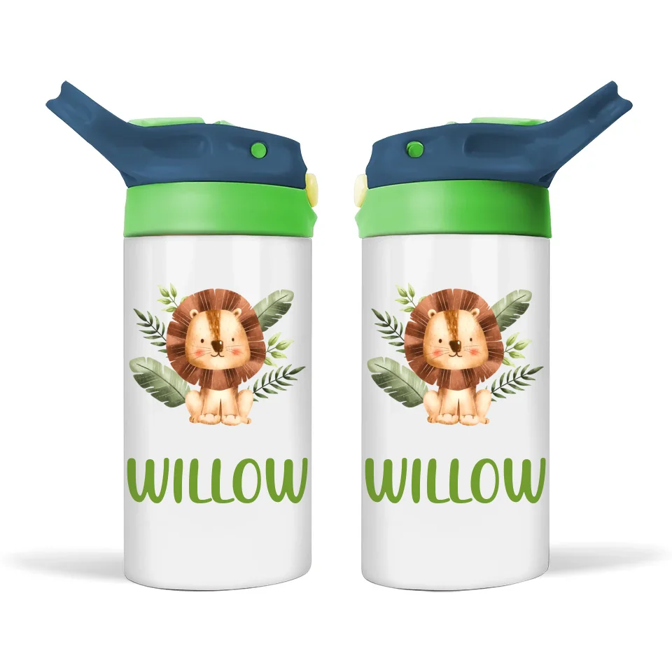 Personalised with Name, Double-Walled Lion Kids Bottle – Customised Jungle-Themed Drink Bottle for Kids