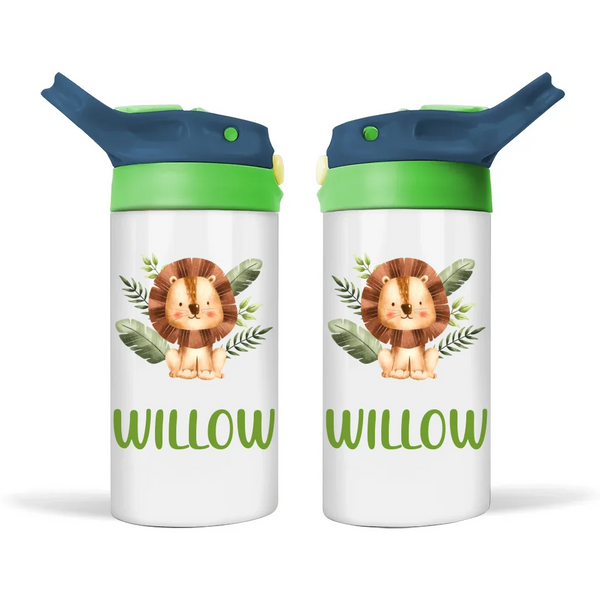 Personalised with Name, Double-Walled Lion Kids Bottle – Customised Jungle-Themed Drink Bottle for Kids