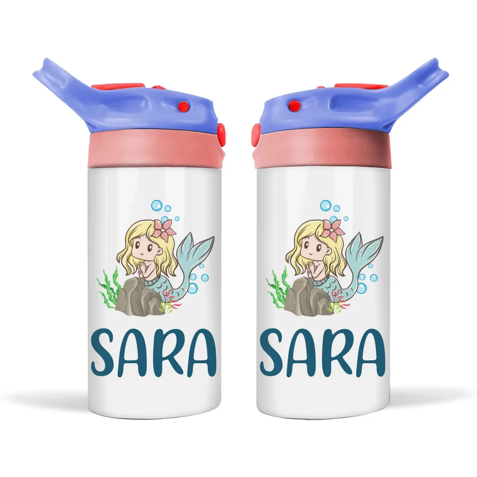 Personalised with Name, Double-Walled Mermaid Kids Bottle – Customised Ocean-Themed Drink Bottle for Kids