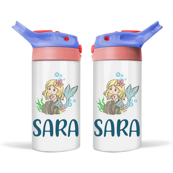 Personalised with Name, Double-Walled Mermaid Kids Bottle – Customised Ocean-Themed Drink Bottle for Kids