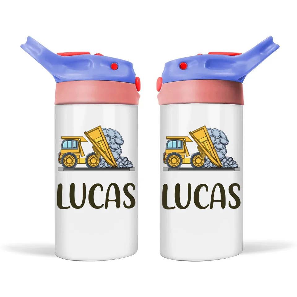 Personalised with Name, Double-Walled Dump Truck Kids Bottle – Customised Construction-Themed Drink Bottle for Kids