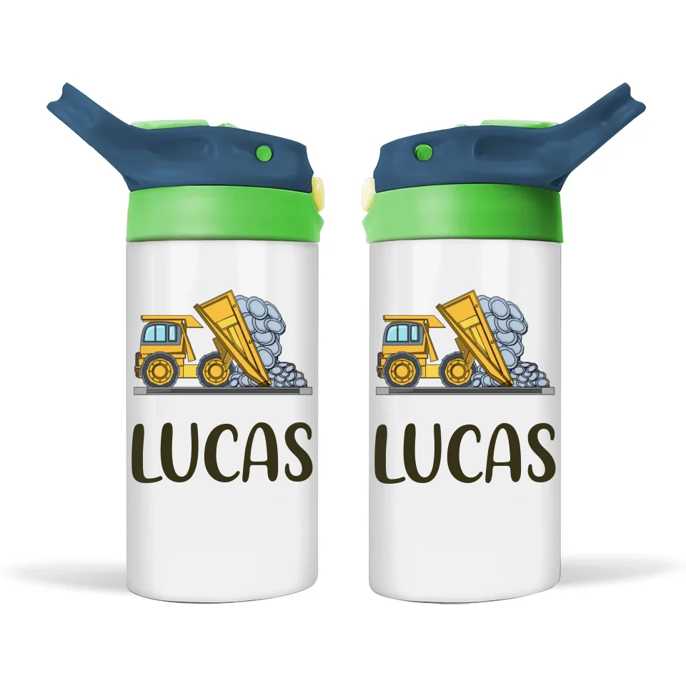 Personalised with Name, Double-Walled Dump Truck Kids Bottle – Customised Construction-Themed Drink Bottle for Kids