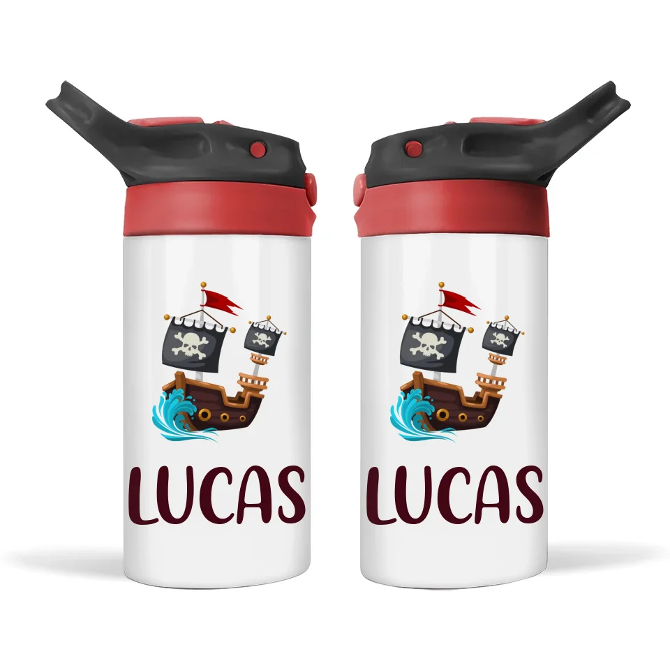Personalised with Name, Double-Walled Pirate Ship Kids Bottle – Customised for Boys & Girls