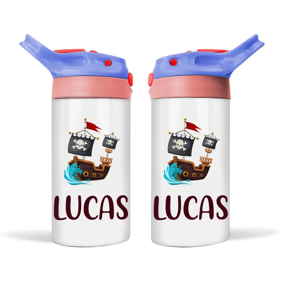 Personalised with Name, Double-Walled Pirate Ship Kids Bottle – Customised for Boys & Girls
