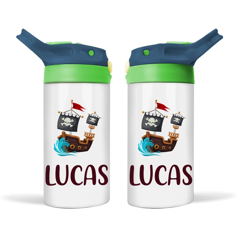 Personalised with Name, Double-Walled Pirate Ship Kids Bottle – Customised for Boys & Girls