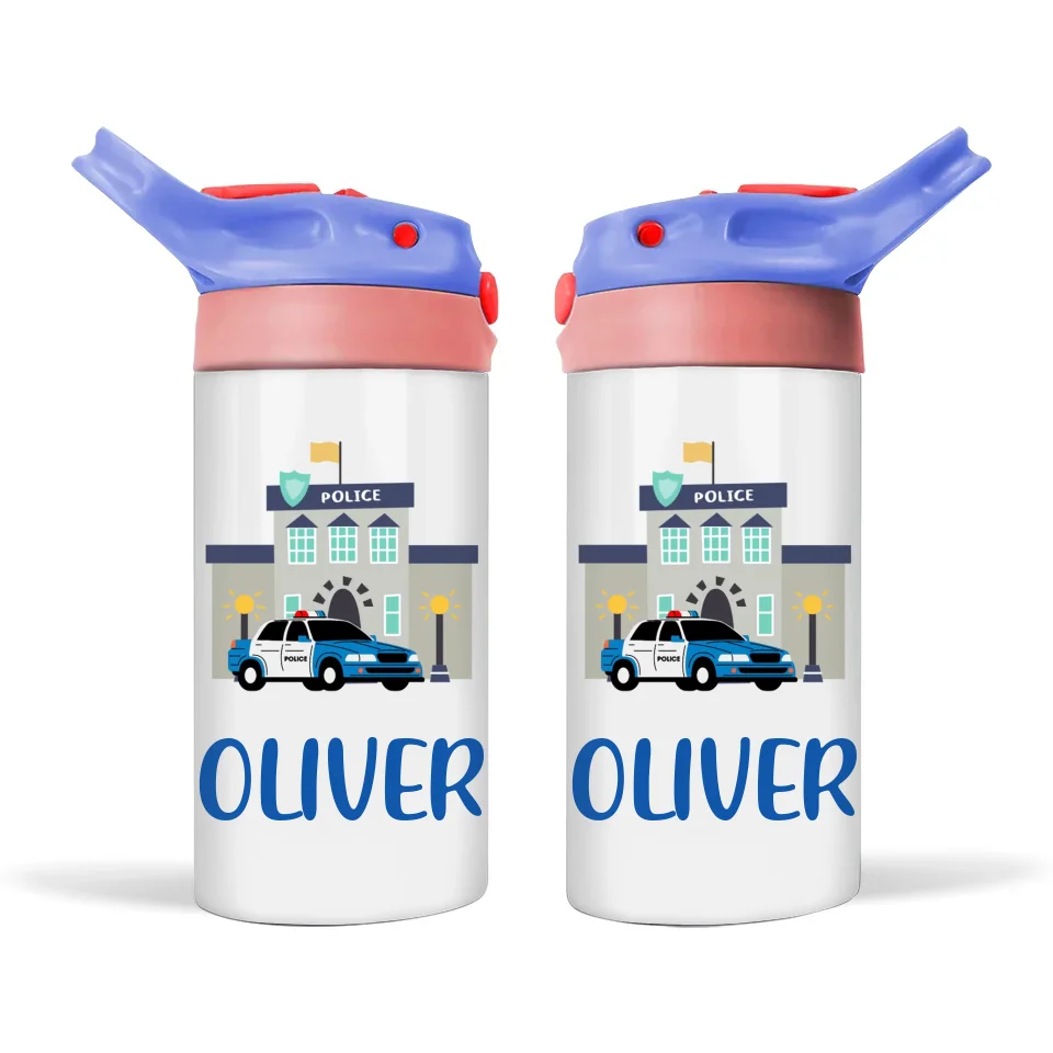 Personalised with Name, Double-Walled Police Station Kids Bottle – Customised for Boys & Girls