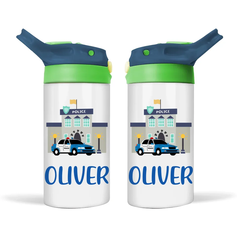 Personalised with Name, Double-Walled Police Station Kids Bottle – Customised for Boys & Girls