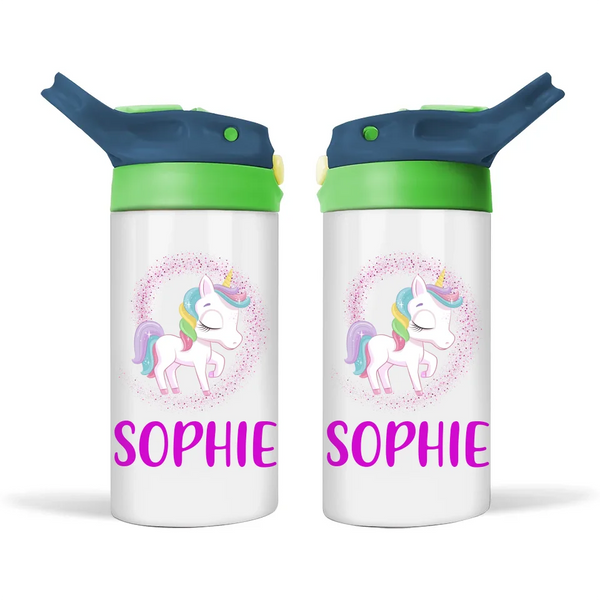 Personalised Unicorn Sippy Bottle – Custom Name Kids Drink Bottle – 350ml Double-Walled Stainless Steel