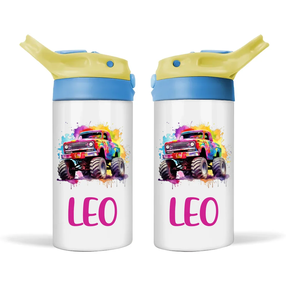 Rainbow Splatter Monster Truck - Personalised Sippy Bottle