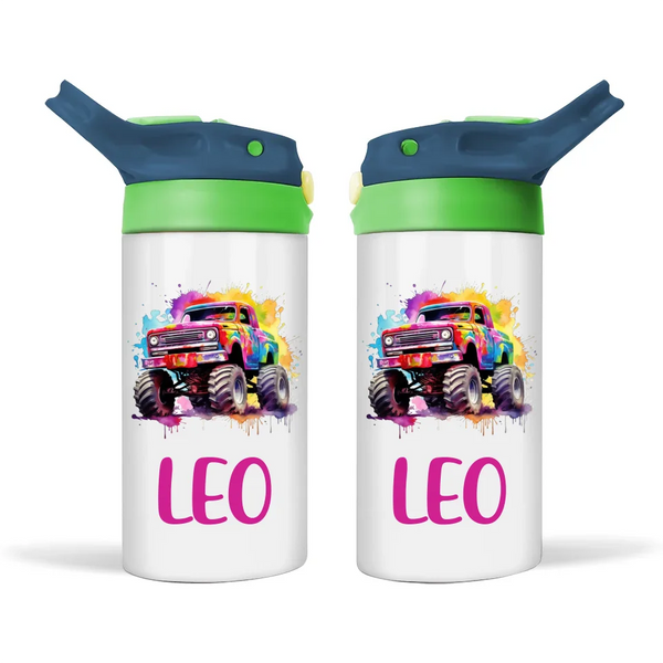 Rainbow Splatter Monster Truck - Personalised Sippy Bottle