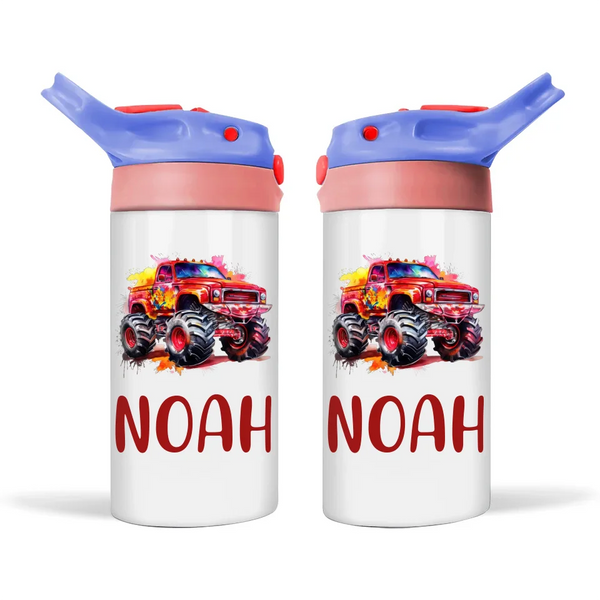 Personalised Red Monster Truck Sippy Bottle – Custom Name Kids Drink Bottle – 350ml Double-Walled Stainless Steel