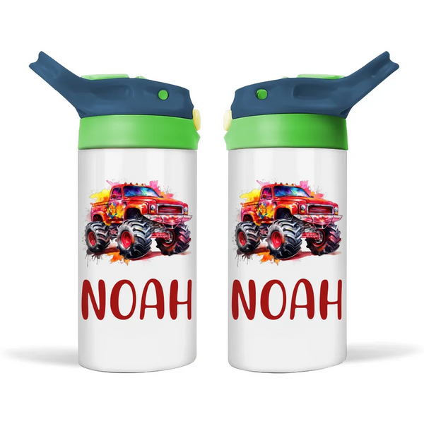 Personalised Red Monster Truck Sippy Bottle – Custom Name Kids Drink Bottle – 350ml Double-Walled Stainless Steel