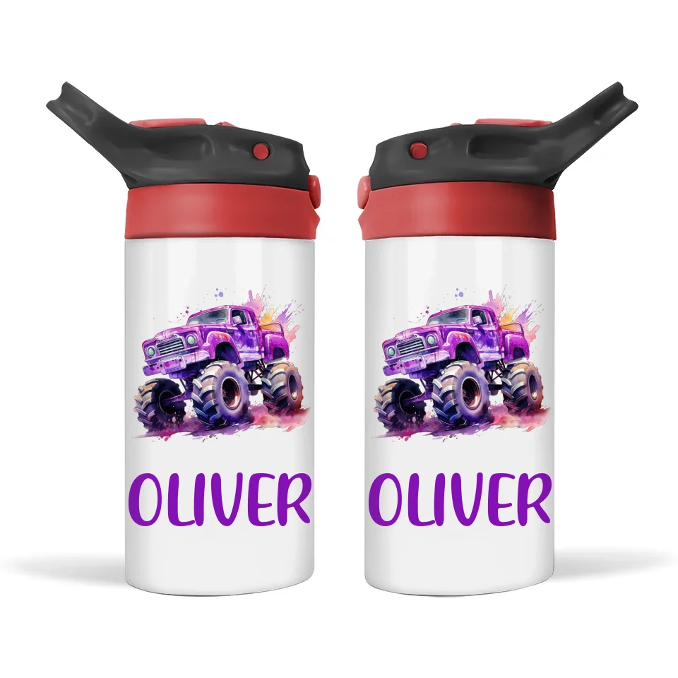 Personalised Purple Monster Truck Sippy Bottle – Custom Name Kids Drink Bottle – 350ml Double-Walled Stainless Steel