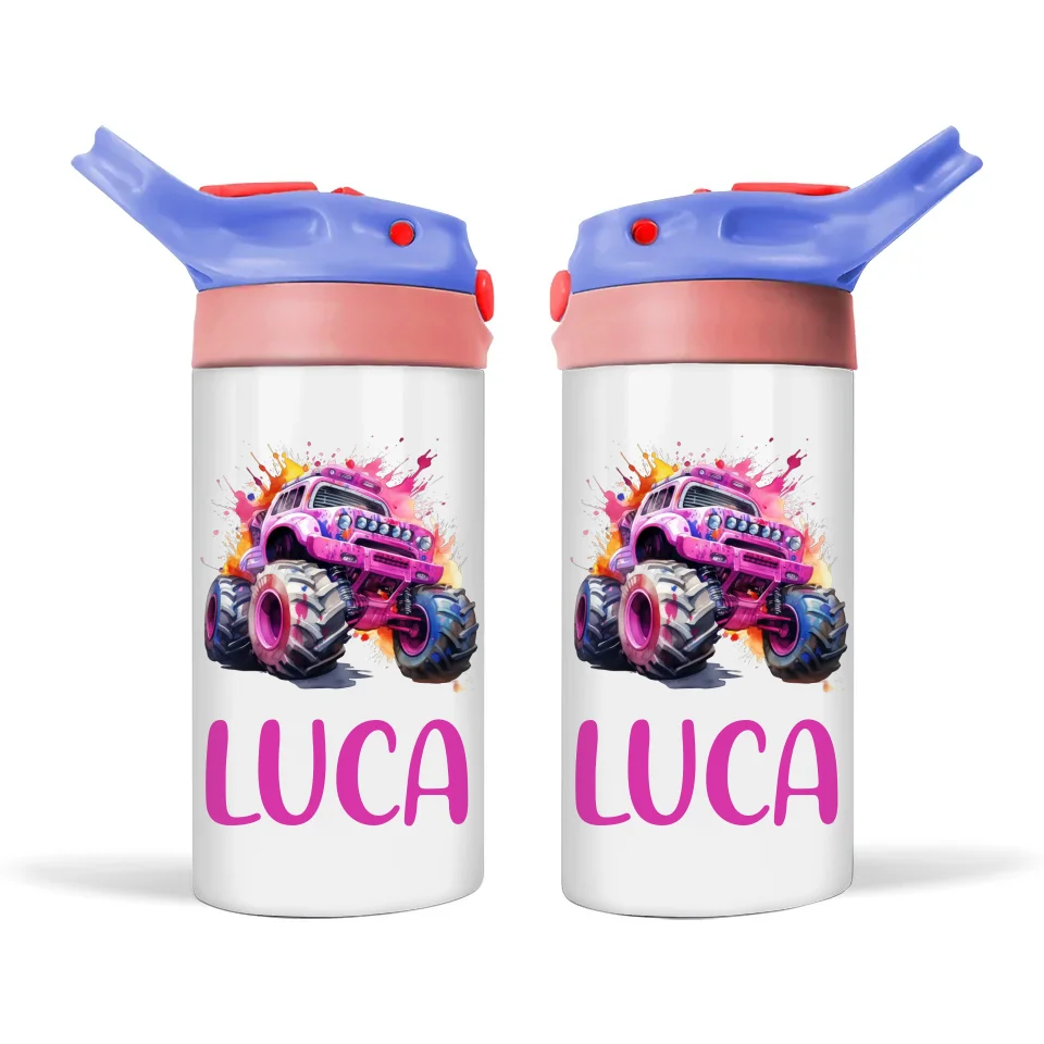 Personalised Pink Monster Truck Sippy Bottle – Custom Name Kids Drink Bottle – 350ml Double-Walled Stainless Steel