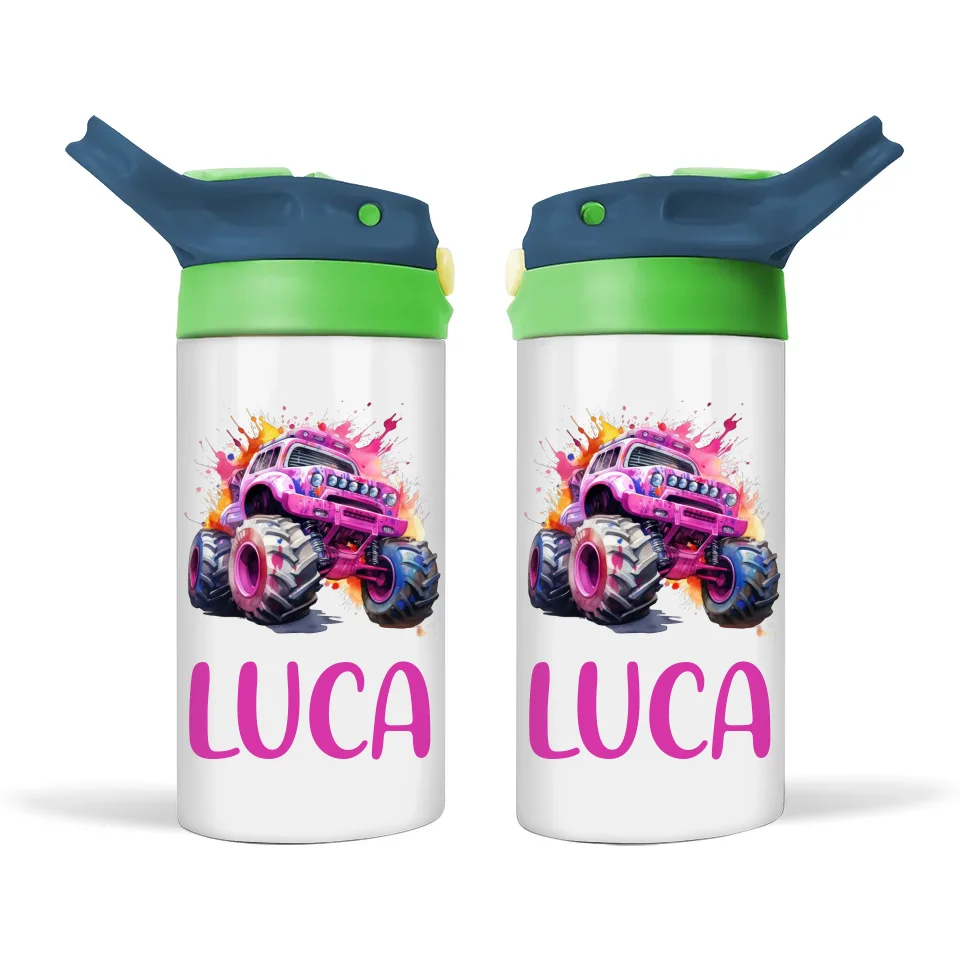 Personalised Pink Monster Truck Sippy Bottle – Custom Name Kids Drink Bottle – 350ml Double-Walled Stainless Steel