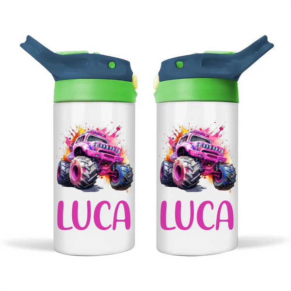 Personalised Pink Monster Truck Sippy Bottle – Custom Name Kids Drink Bottle – 350ml Double-Walled Stainless Steel