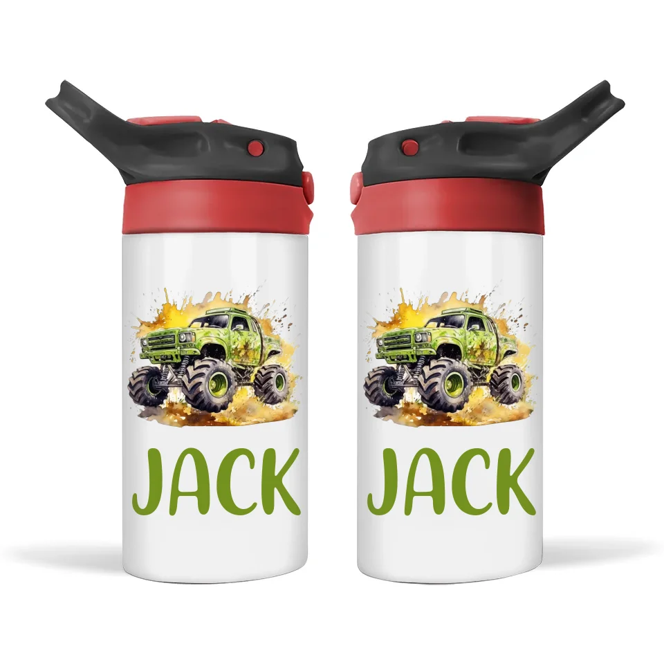 Personalised Monster Truck Sippy Bottle – Custom Name Kids Drink Bottle – 350ml Double-Walled Stainless Steel