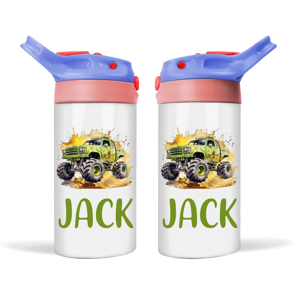 Personalised Monster Truck Sippy Bottle – Custom Name Kids Drink Bottle – 350ml Double-Walled Stainless Steel