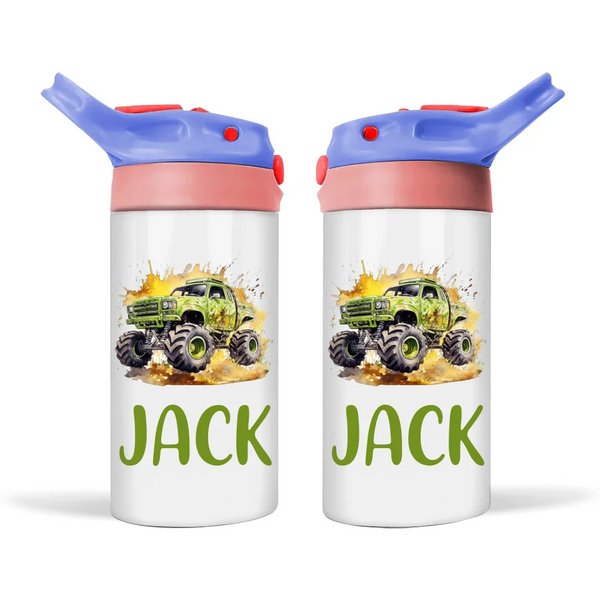 Personalised Monster Truck Sippy Bottle – Custom Name Kids Drink Bottle – 350ml Double-Walled Stainless Steel