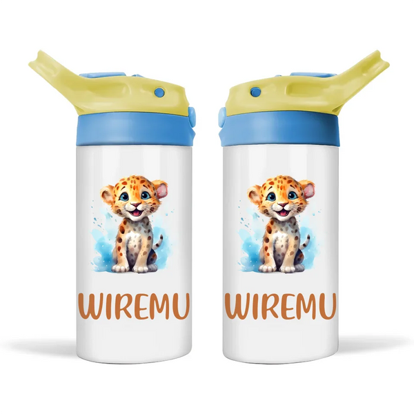 Personalised Leopard Sippy Bottle – Custom Name Kids Drink Bottle – 350ml Double-Walled Stainless Steel
