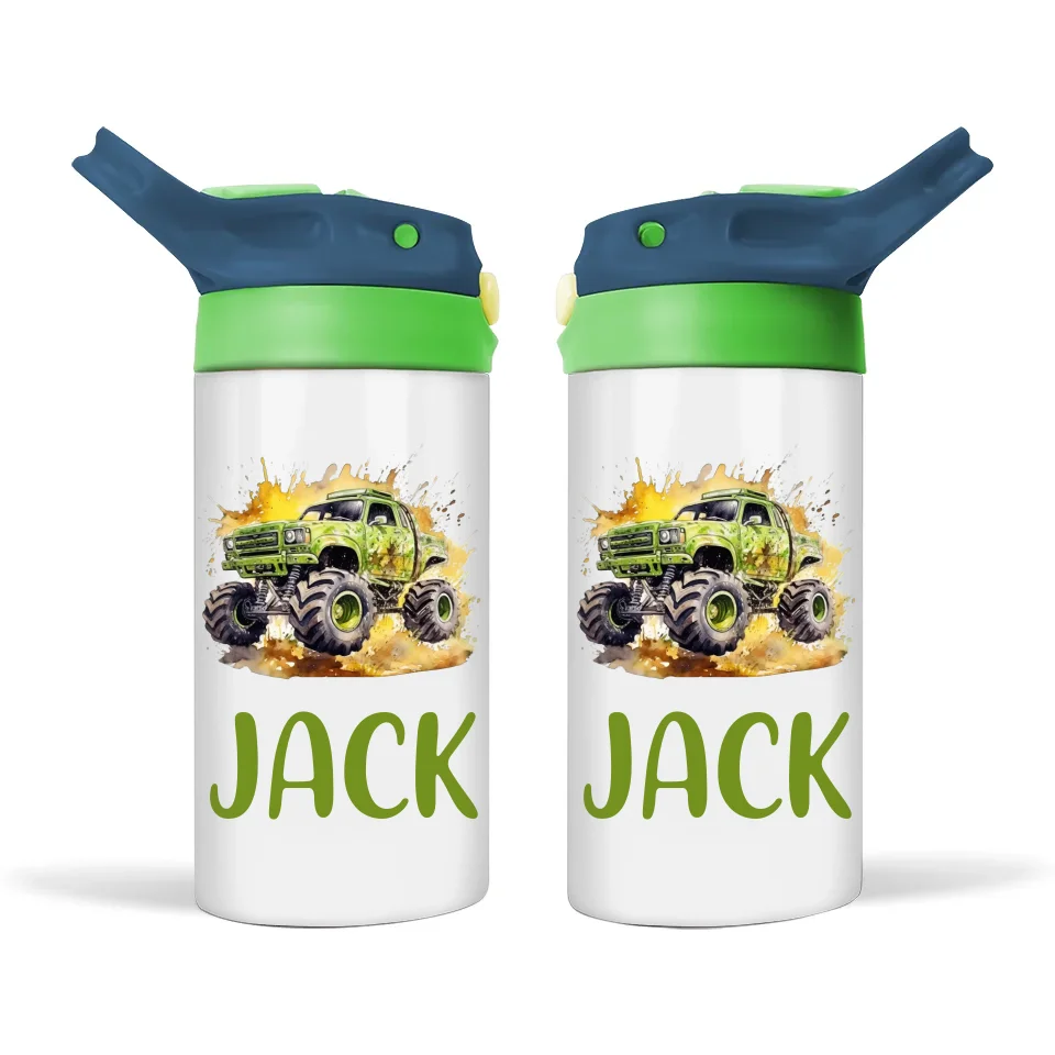 Personalised Monster Truck Sippy Bottle – Custom Name Kids Drink Bottle – 350ml Double-Walled Stainless Steel