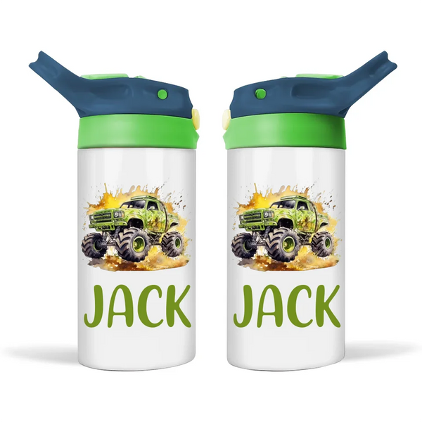 Personalised Monster Truck Sippy Bottle – Custom Name Kids Drink Bottle – 350ml Double-Walled Stainless Steel