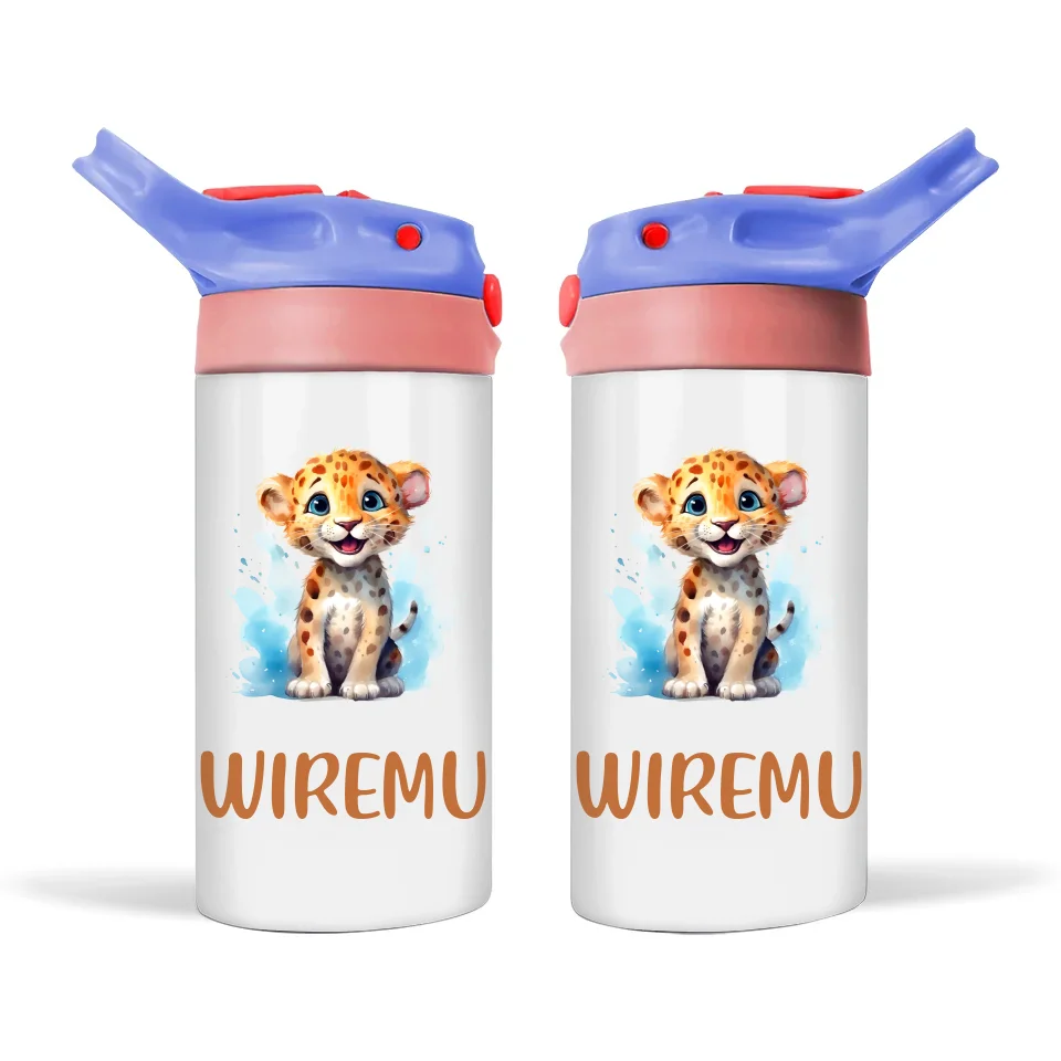 Personalised Leopard Sippy Bottle – Custom Name Kids Drink Bottle – 350ml Double-Walled Stainless Steel