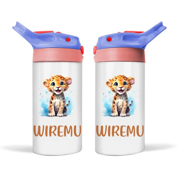 Personalised Leopard Sippy Bottle – Custom Name Kids Drink Bottle – 350ml Double-Walled Stainless Steel
