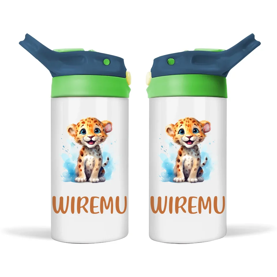 Personalised Leopard Sippy Bottle – Custom Name Kids Drink Bottle – 350ml Double-Walled Stainless Steel